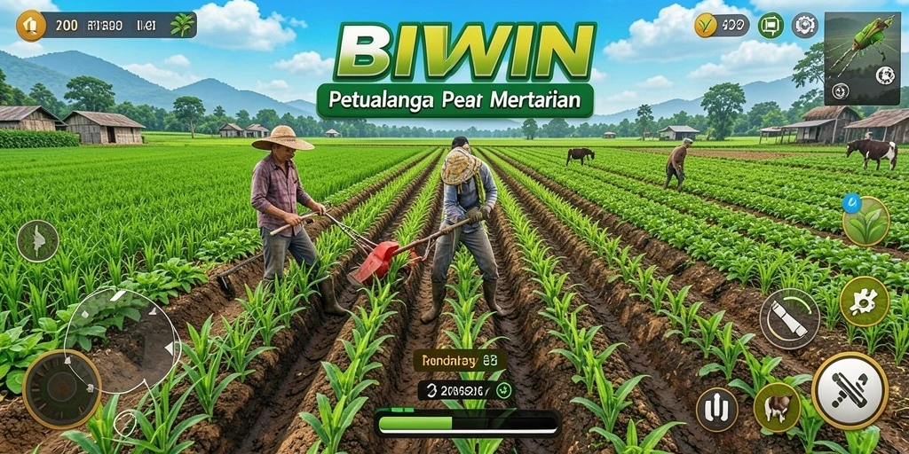 Screenshot gameplay <strong>BIWIN</strong> yang menunjukkan ladang subur dan aktivitas bertani.