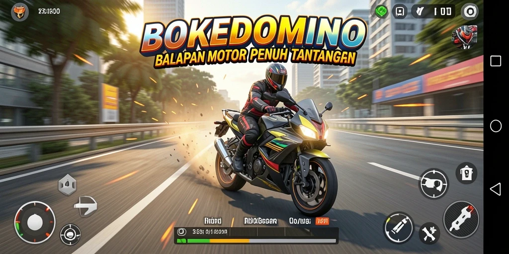 Tampilan gameplay seru dalam BOKEDOMINO dengan balapan motor yang intens.
