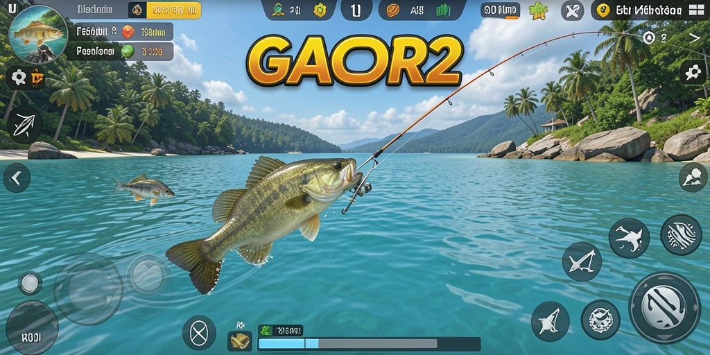 Screenshot GACOR22 menampilkan pemain sedang menangkap ikan besar di danau.
