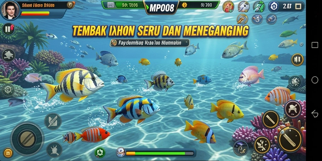 Tampilan gameplay MPO08 dengan aksi menembak ikan yang seru.