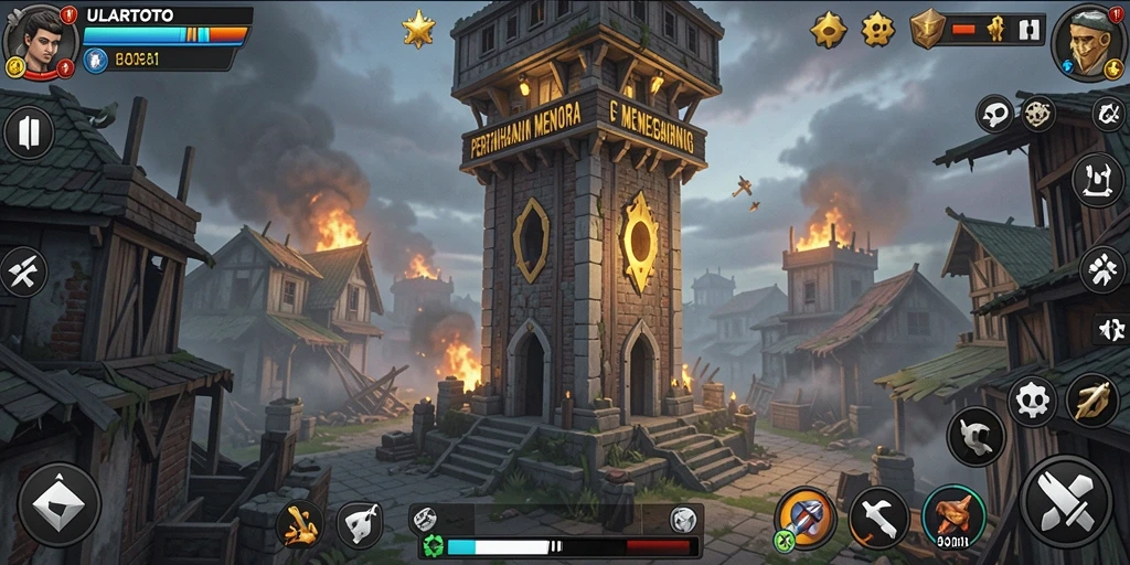 Gambar tampilan gameplay ULARTOTO yang menampilkan strategi menara pertahanan.